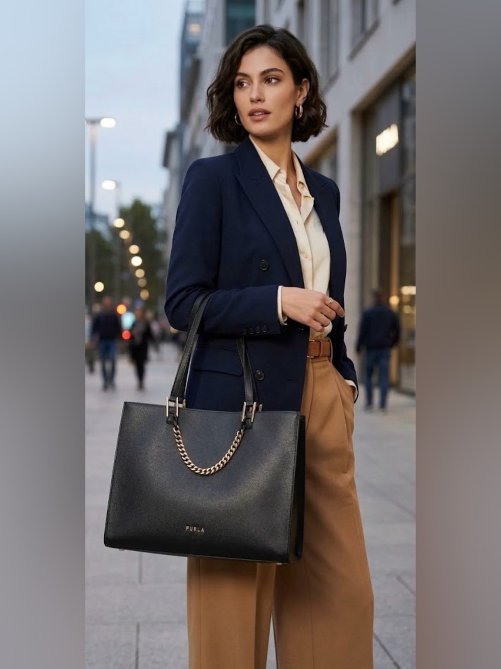 Furla Black Leather Tote with Gold Chain Accent